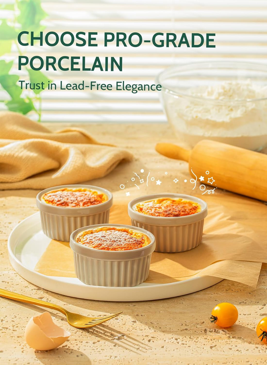 4 Oz Ramekins Set of 6, Creme Brulee Ramekins Oven Safe, Porcelain Ramiken Set, Souffle, Custard Cups for Baking and Dipping Sauces Bowls, Beige Gray