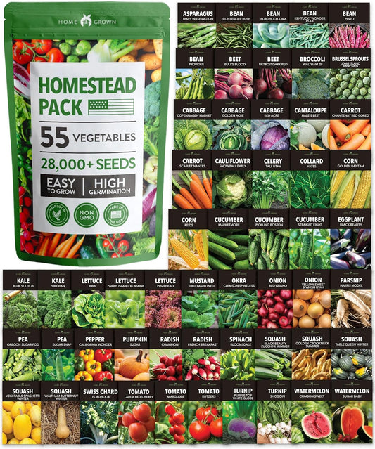55 Vegetable Seeds Pack – 28,000+ 𝗨𝗦𝗔 Heirloom 𝗡𝗢𝗡-𝗚𝗠𝗢 Seeds for Planting – Spring, Fall, Winter Garden Kit – Survival Seed Vault for Preppers & Gardeners – Gift for Men & Women